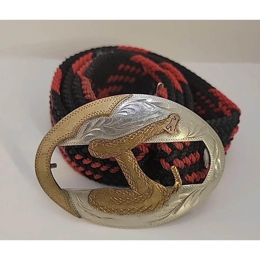 Vintage Western Snake Belt‎ Rattlesnake Buckle Braided Cord Cowboy